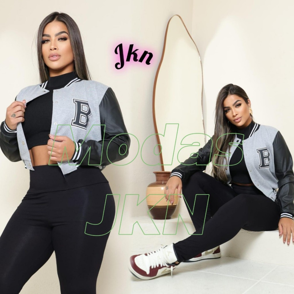 JAQUETA Bomber Feminina MANGA COURO estilo Colegial Bomber moda Blogueira Inverno