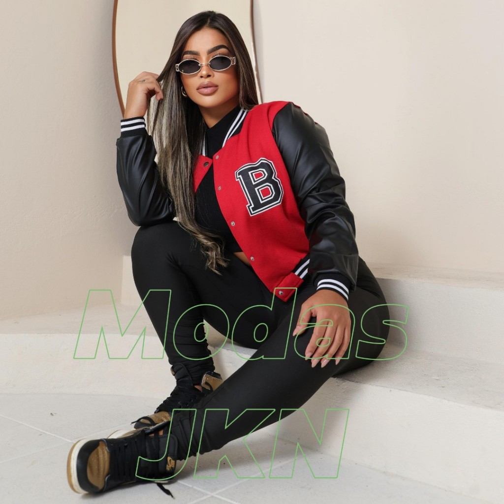 Jaqueta Bomber Feminina Manga de Couro Estilo Colegial