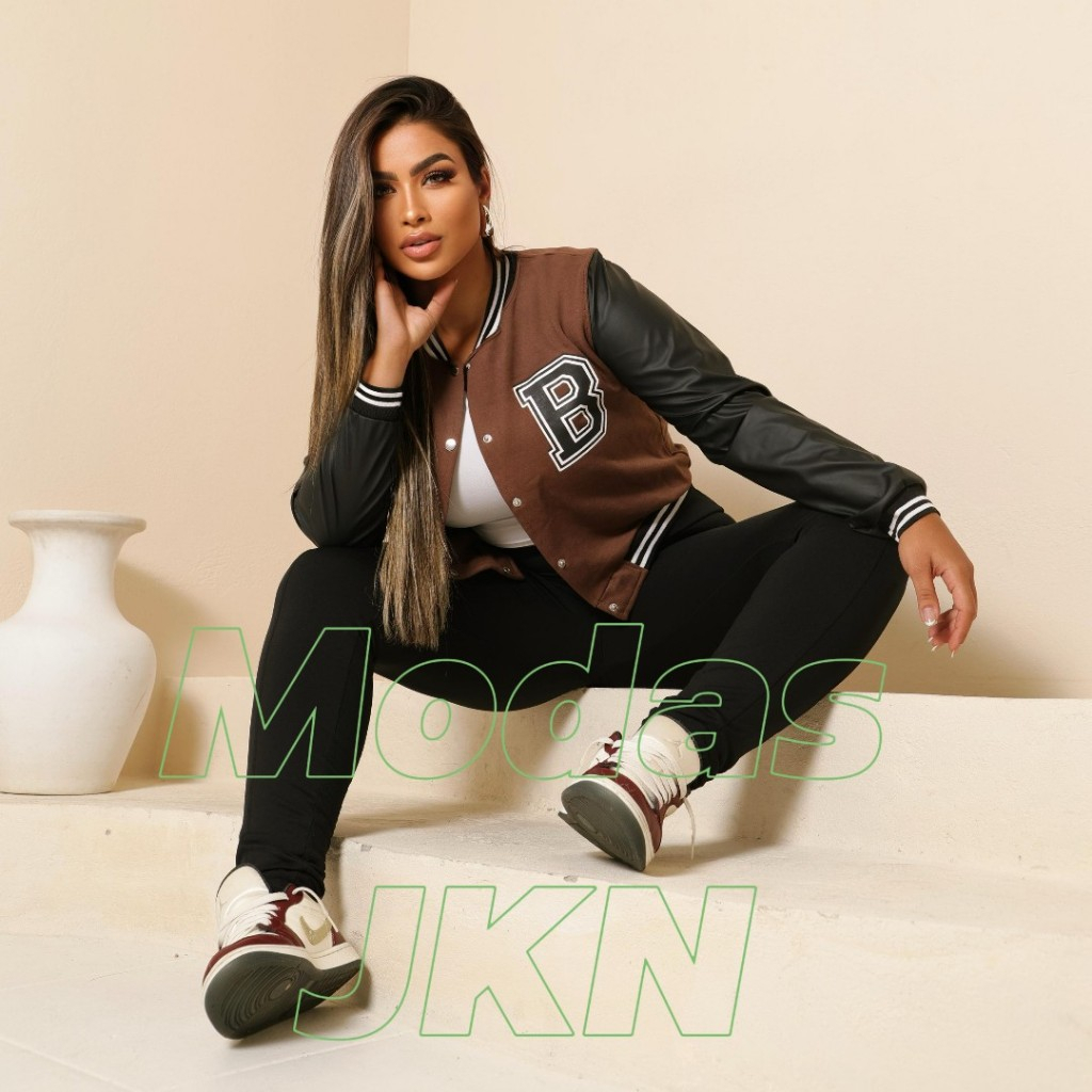 Jaqueta Bomber Feminina Manga de Couro Estilo Colegial