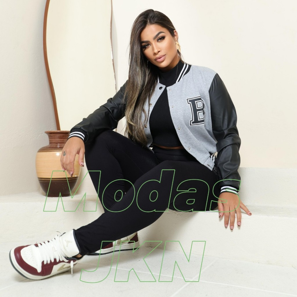 Jaqueta Bomber Feminina Manga de Couro Estilo Colegial